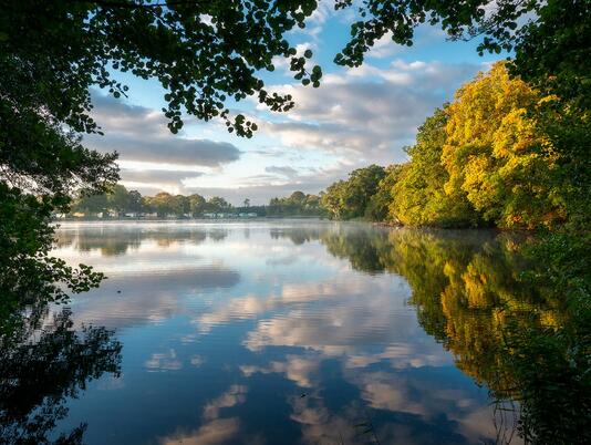 Autumn morning across the lake at Pearl Lake